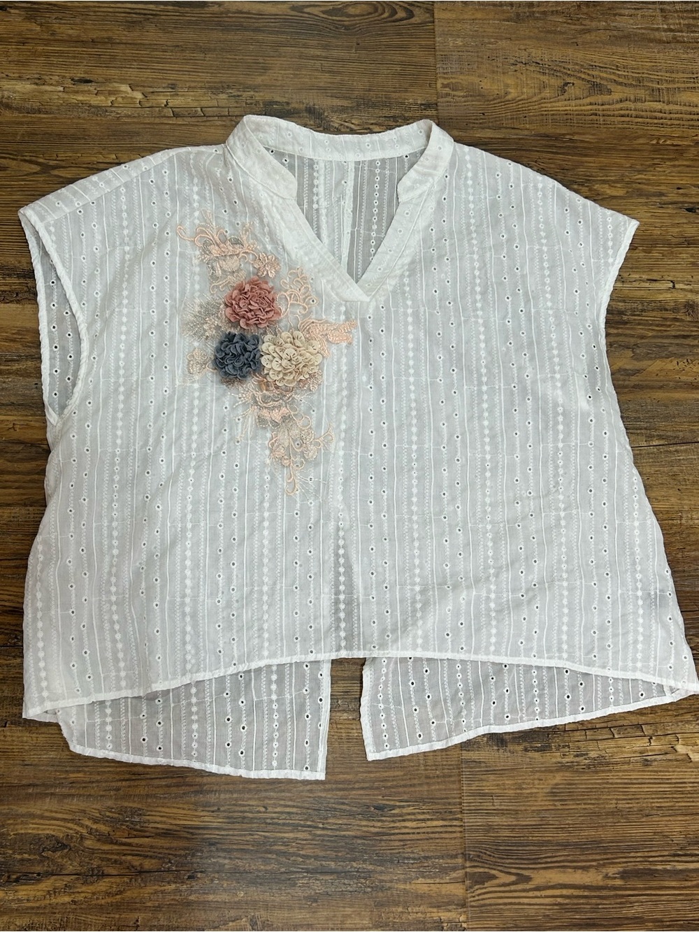 SHEIN White Eyelet V-Neck Tunic with Pink, Cream & Blue Floral Appliqués - Picture 4 of 5